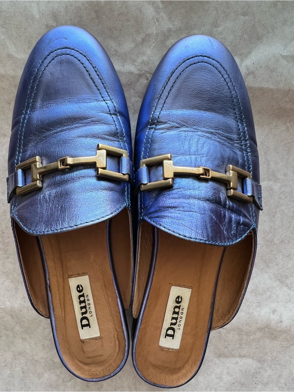 Dune London Metallic Blue Leather Slip-On Mules with Gold Chain Detail
